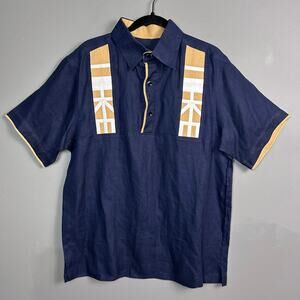 Vintage camp polo shirt XL Dad linen MCM Navy pattern woven Fisherman Bowling
